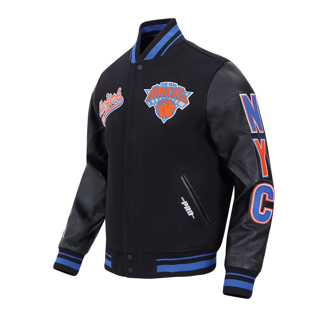 NBA NEW YORK KNICKS SCRIPT TAIL MEN'S RIB WOOL VARSITY (BLACK/ROYAL BLUE/BLACK) - Image 2