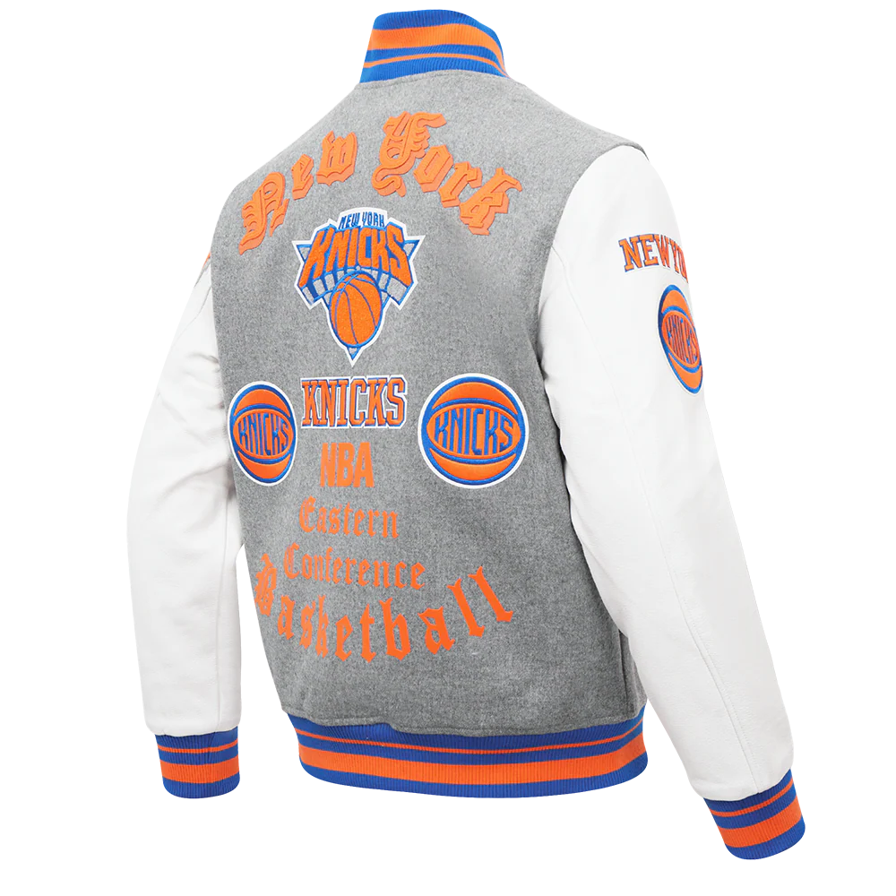 NBA NEW YORK KNICKS OLD ENGLISH MEN'S RIB WOOL VARSITY JACKET (HEATHER GREY/ROYAL/ORANGE) - Image 12