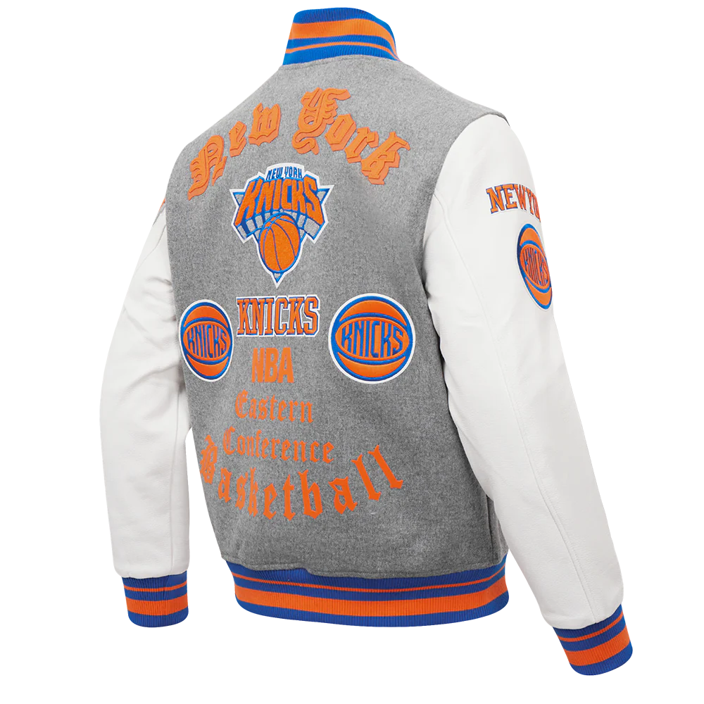 NBA NEW YORK KNICKS OLD ENGLISH MEN'S RIB WOOL VARSITY JACKET (HEATHER GREY/ROYAL/ORANGE) - Image 3