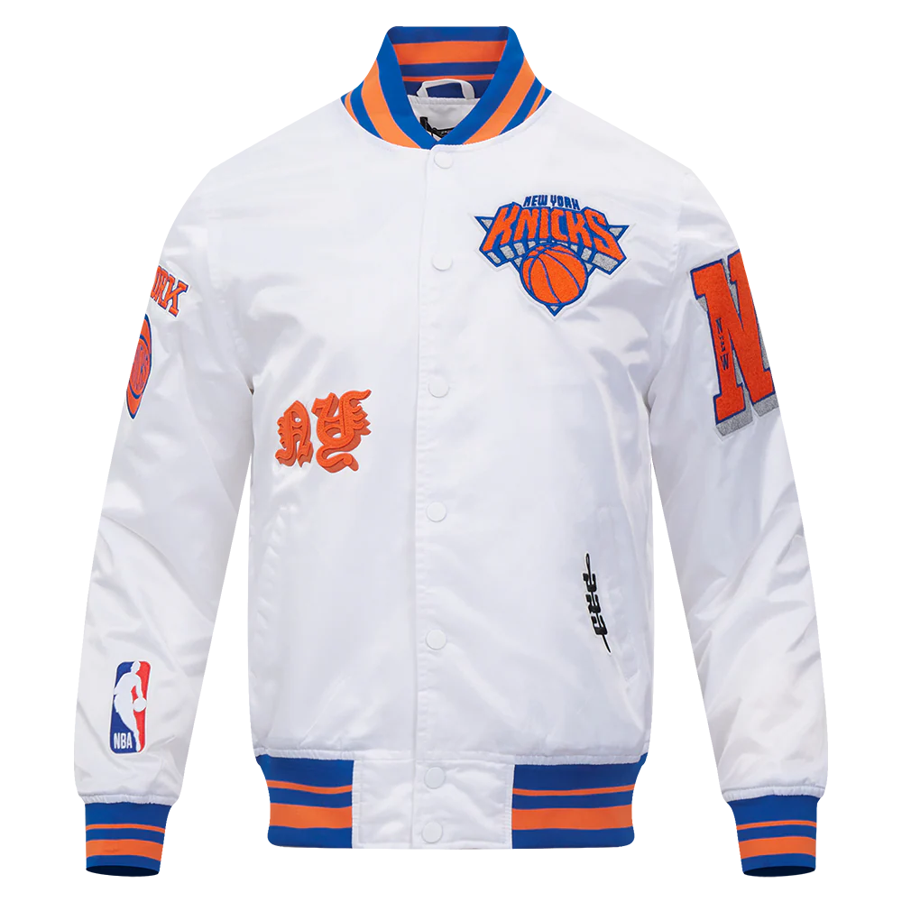 NBA NEW YORK KNICKS OLD ENGLISH MEN'S RIB SATIN JACKET (WHITE/ROYAL BLUE/ORANGE)