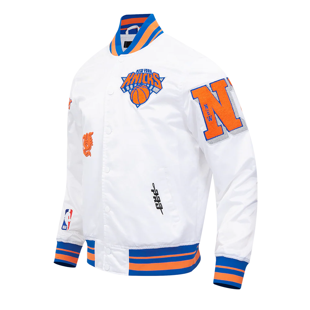 NBA NEW YORK KNICKS OLD ENGLISH MEN'S RIB SATIN JACKET (WHITE/ROYAL BLUE/ORANGE) - Image 2