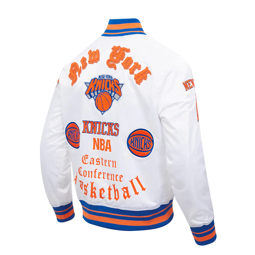 NBA NEW YORK KNICKS OLD ENGLISH MEN'S RIB SATIN JACKET (WHITE/ROYAL BLUE/ORANGE) - Image 3