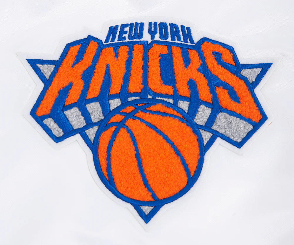 NBA NEW YORK KNICKS OLD ENGLISH MEN'S RIB SATIN JACKET (WHITE/ROYAL BLUE/ORANGE) - Image 5