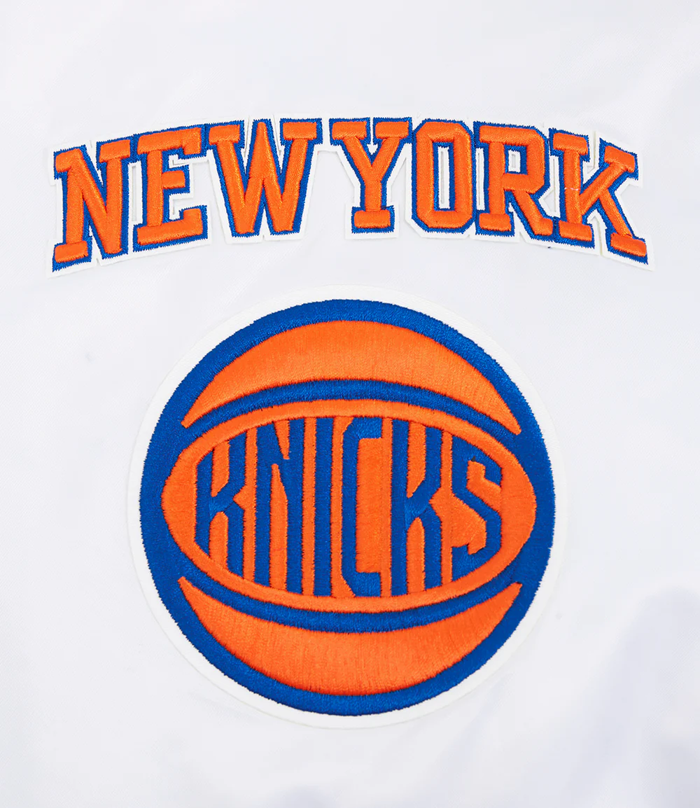 NBA NEW YORK KNICKS OLD ENGLISH MEN'S RIB SATIN JACKET (WHITE/ROYAL BLUE/ORANGE) - Image 7