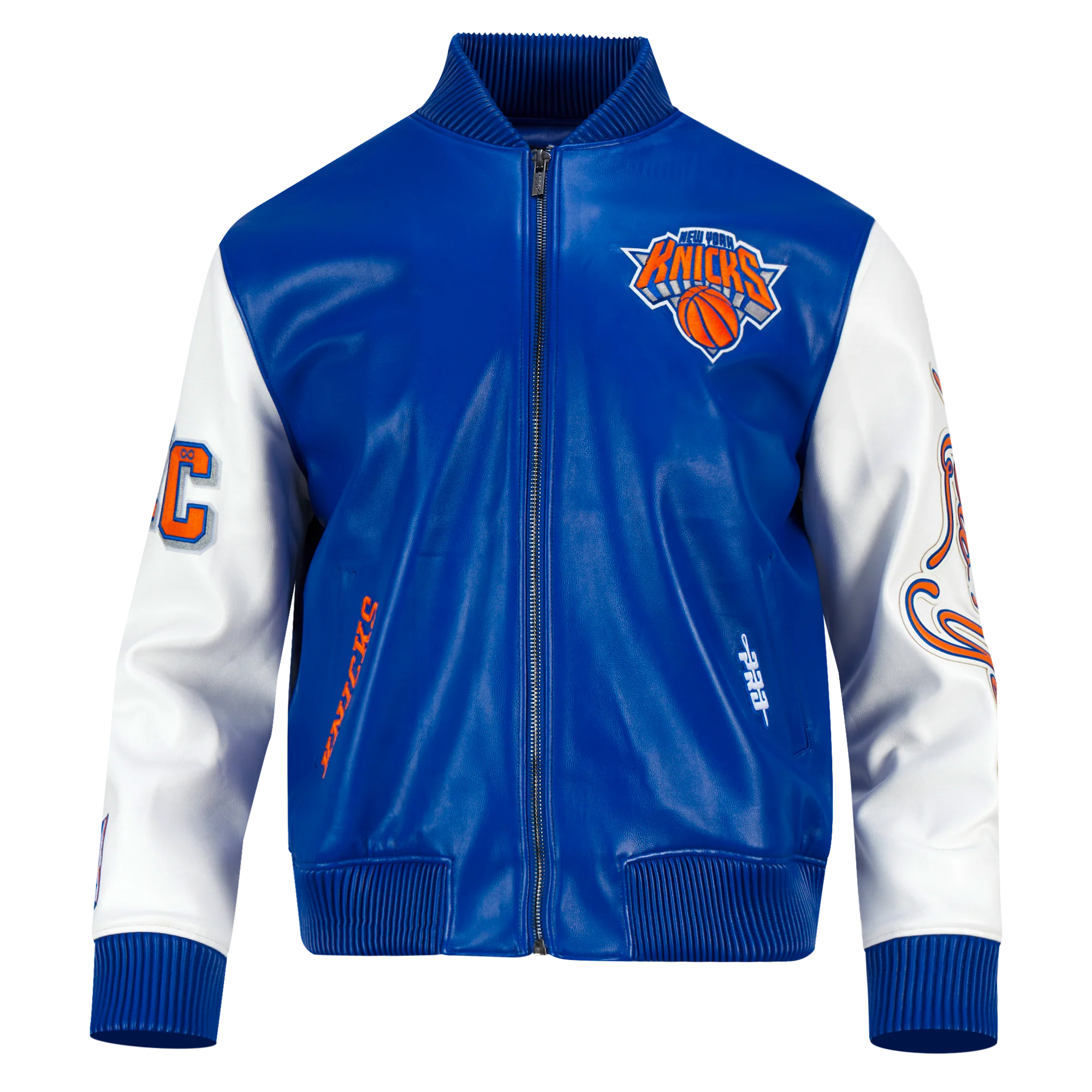 NBA NEW YORK KNICKS CITY SIGNATURE MEN'S LEATHER VARSITY JACKET (ROYAL BLUE/WHITE) - Image 3