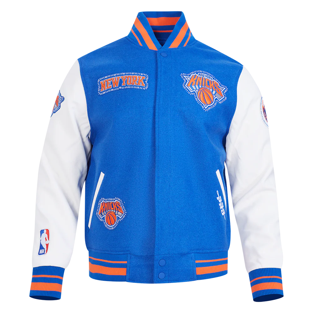 NBA NEW YORK KNICKS DIY PICK STITCH MEN'S RIB WOOL VARSITY JACKET (ROYAL/ORANGE/ROYAL)