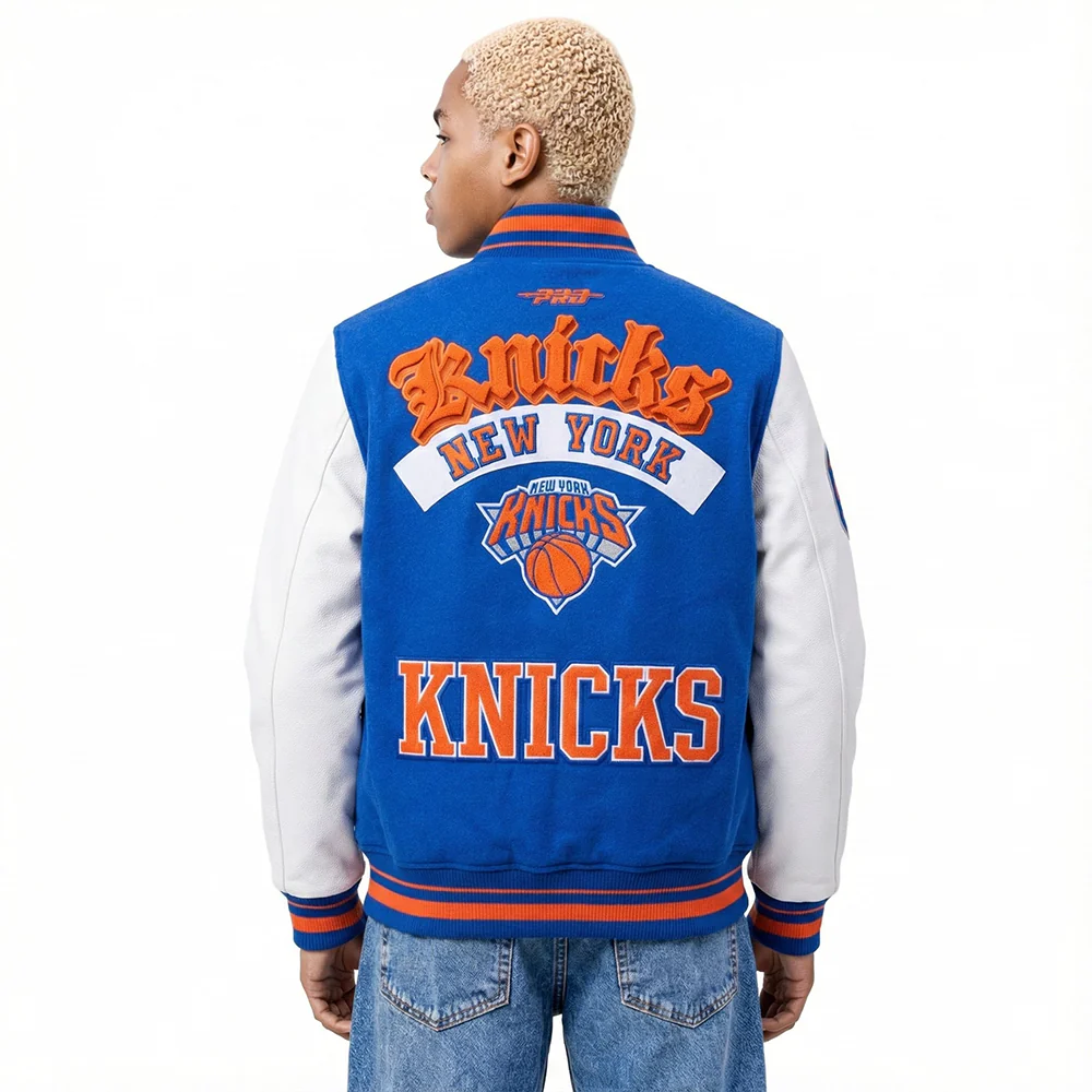 NBA NEW YORK KNICKS BEST OF MEN'S RIB WOOL VARSITY JACKET (ROYAL/ORANGE/ROYAL)