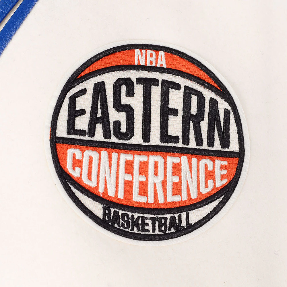 NBA NEW YORK KNICKS MODERN ORIGINALS MEN'S RIB WOOL VARSITY JACKET (EGGSHELL/ROYAL BLUE) - Image 7