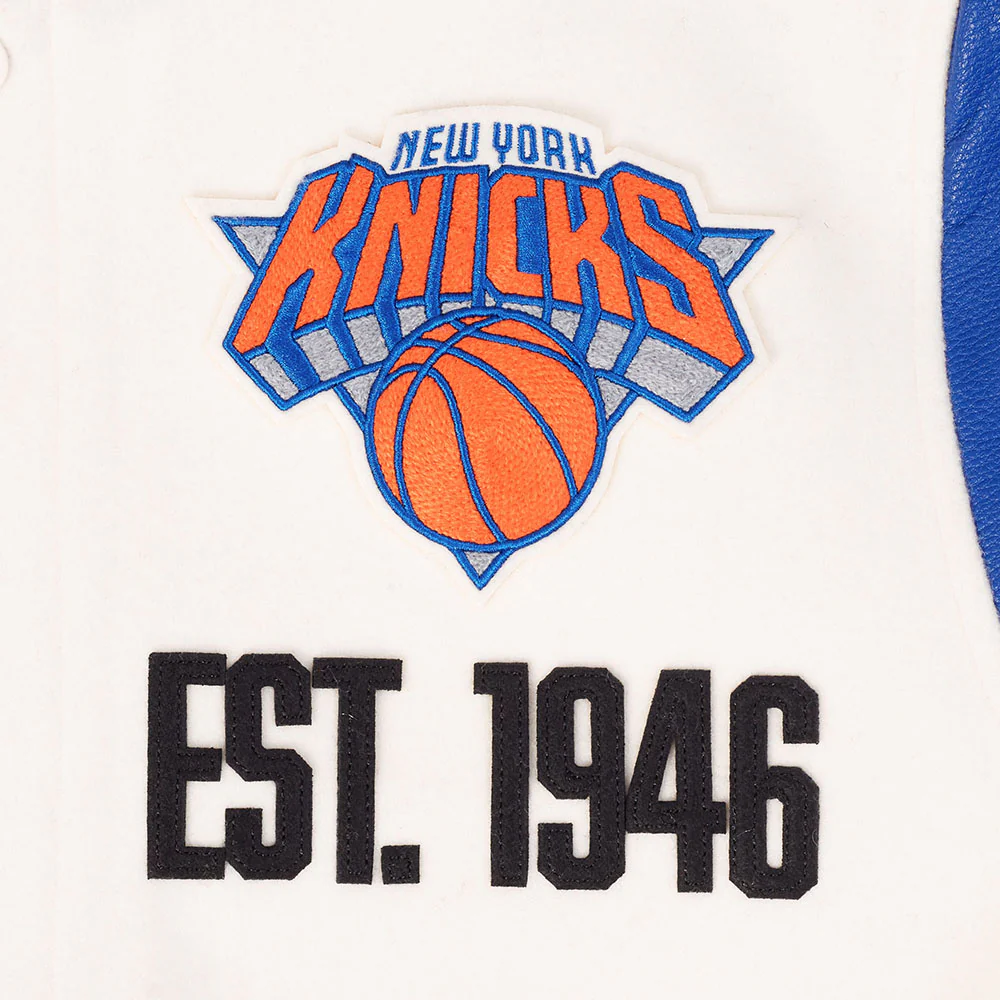 NBA NEW YORK KNICKS MODERN ORIGINALS MEN'S RIB WOOL VARSITY JACKET (EGGSHELL/ROYAL BLUE) - Image 9