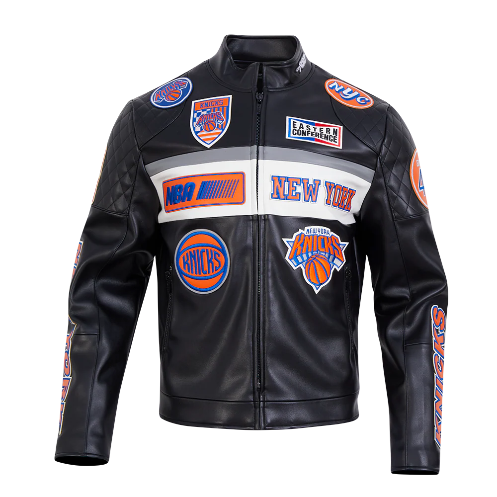 NBA NEW YORK KNICKS MEN'S MOTO JACKET (BLACK/WHITE)
