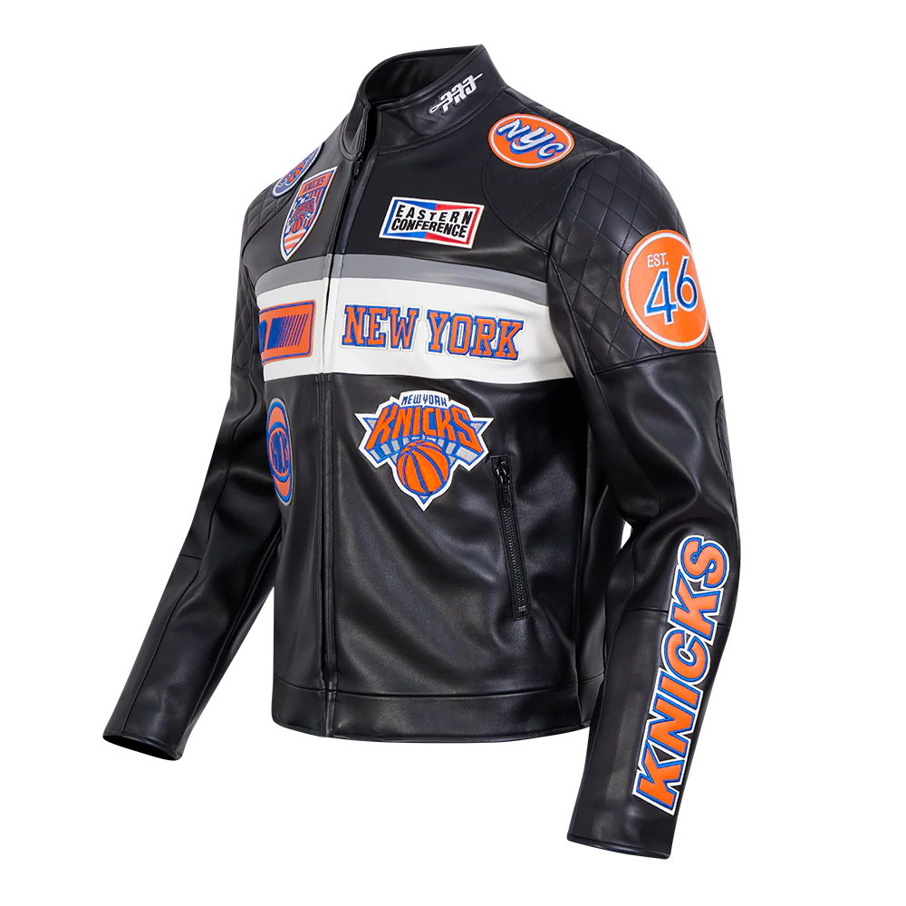 NBA NEW YORK KNICKS MEN'S MOTO JACKET (BLACK/WHITE) - Image 2