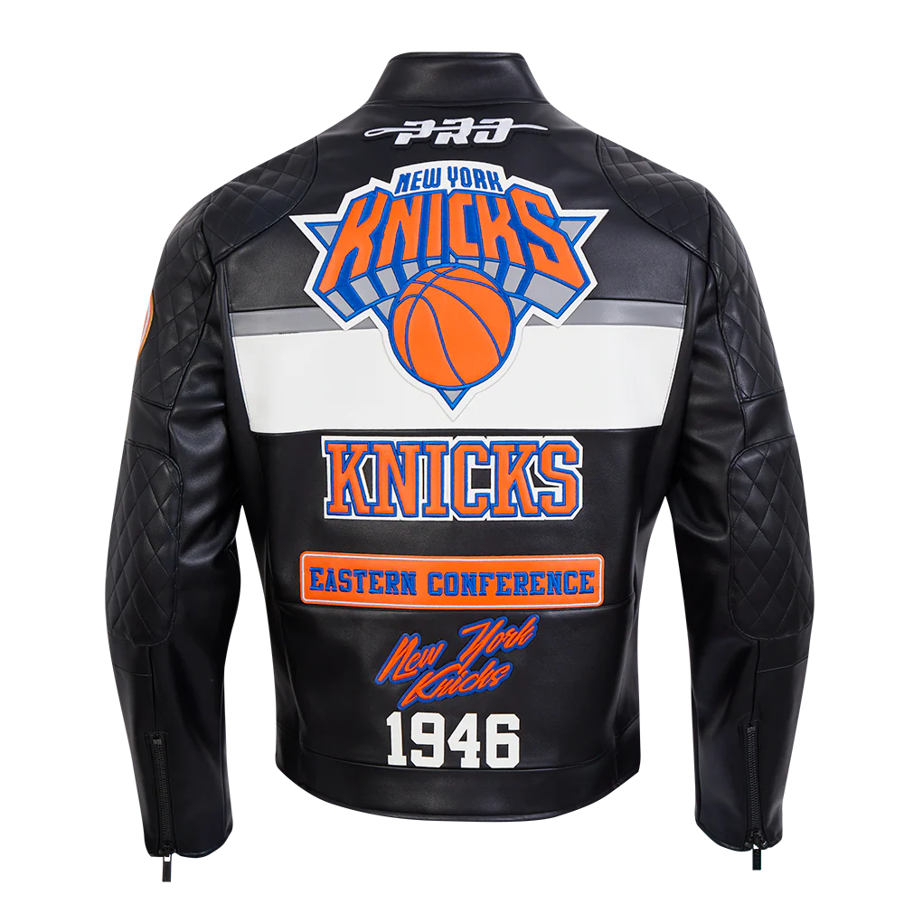 NBA NEW YORK KNICKS MEN'S MOTO JACKET (BLACK/WHITE) - Image 3