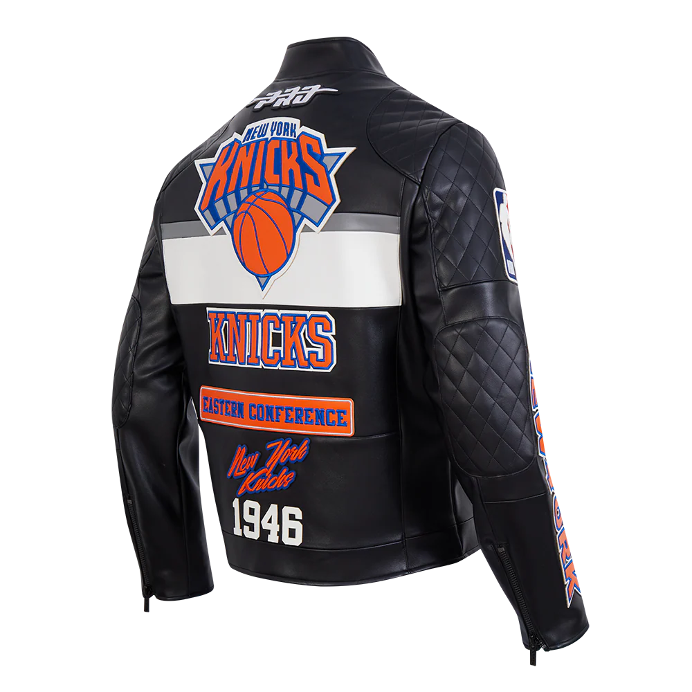 NBA NEW YORK KNICKS MEN'S MOTO JACKET (BLACK/WHITE) - Image 4