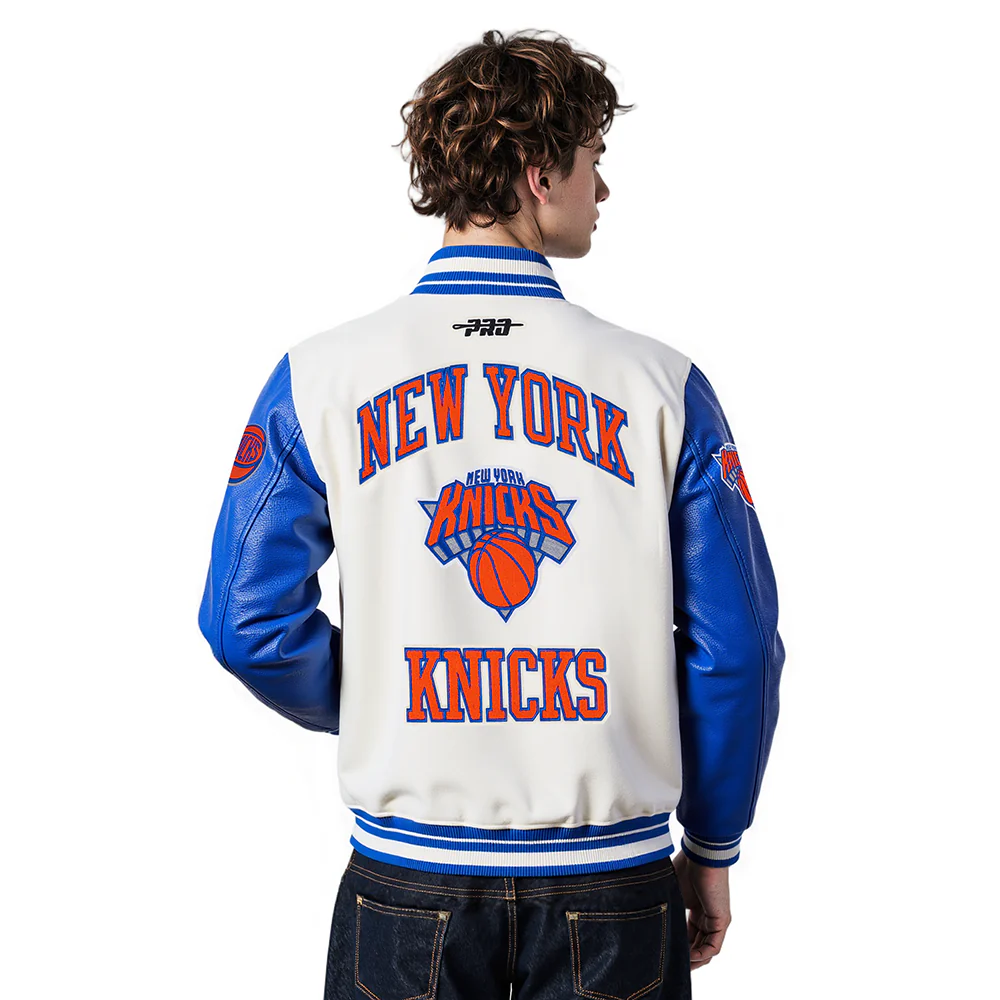NBA NEW YORK KNICKS CITY EDITION 25-26 MEN'S RIB WOOL VARSITY JACKET (EGGSHELL/ROYAL BLUE) - Image 2