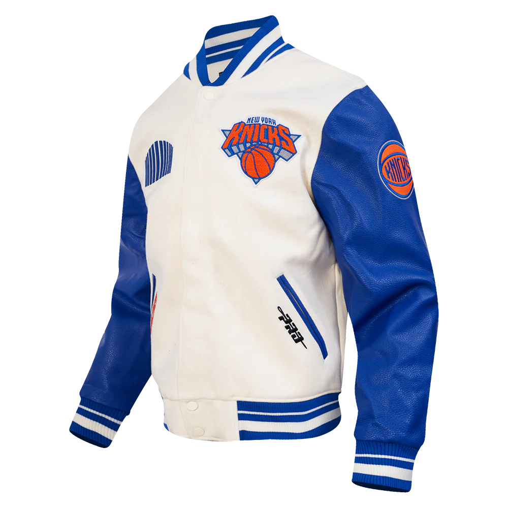 NBA NEW YORK KNICKS CITY EDITION 25-26 MEN'S RIB WOOL VARSITY JACKET (EGGSHELL/ROYAL BLUE) - Image 3