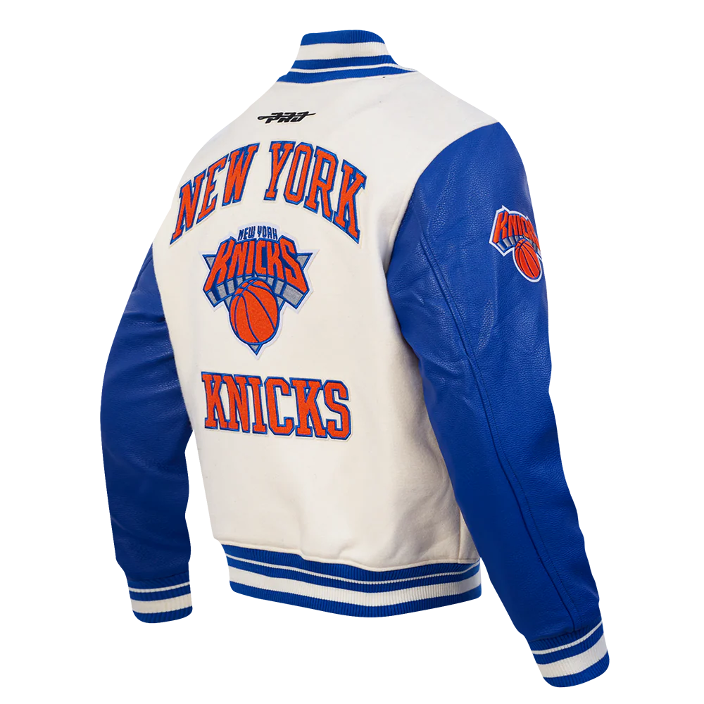 NBA NEW YORK KNICKS CITY EDITION 25-26 MEN'S RIB WOOL VARSITY JACKET (EGGSHELL/ROYAL BLUE) - Image 4