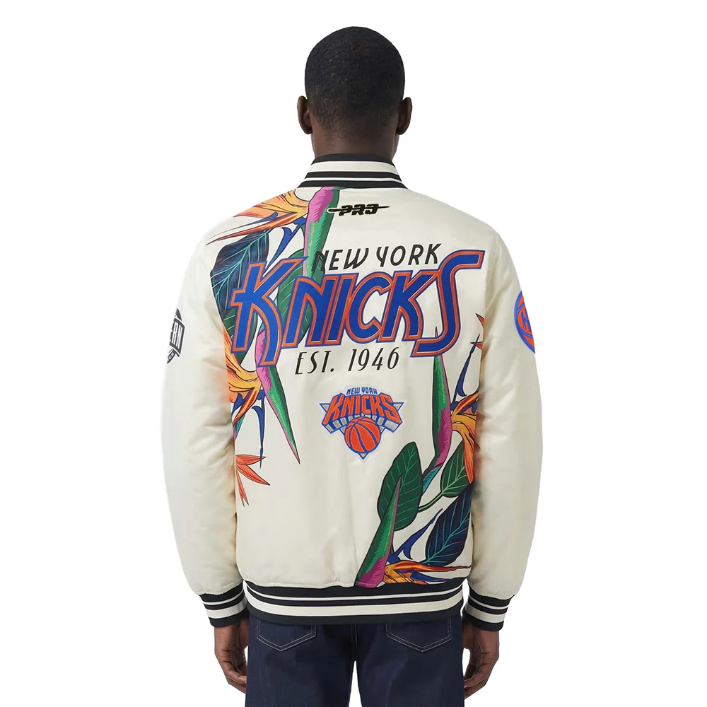 NBA NEW YORK KNICKS PARADISE MEN'S SATIN JACKET (EGGSHELL/ BLACK) - Image 2