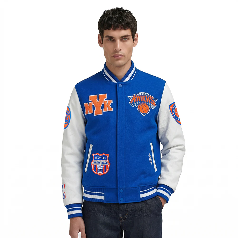 NBA NEW YORK KNICKS LETTERMAN MEN'S VARSITY JACKET (ROYAL BLUE/WHITE)