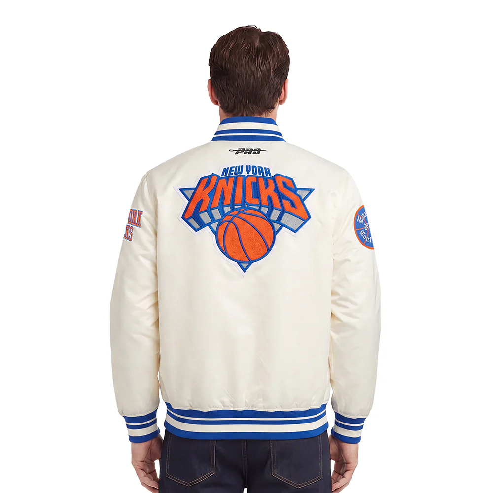 NBA NEW YORK KNICKS RETRO CLASSICS MEN'S SATIN JACKET (EGGSHELL/ROYAL BLUE) - Image 2