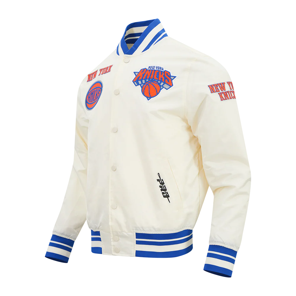 NBA NEW YORK KNICKS RETRO CLASSICS MEN'S SATIN JACKET (EGGSHELL/ROYAL BLUE) - Image 3