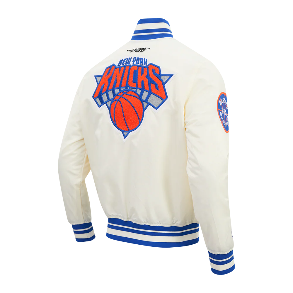 NBA NEW YORK KNICKS RETRO CLASSICS MEN'S SATIN JACKET (EGGSHELL/ROYAL BLUE) - Image 4