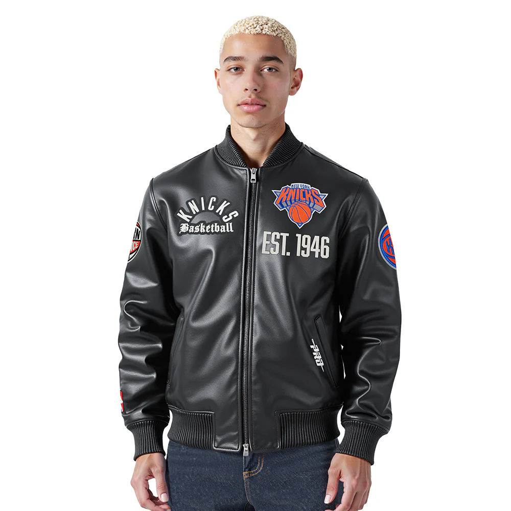 NBA NEW YORK KNICKS MODERN ORIGINALS MEN'S LEATHER VARSITY JACKET (JET BLACK)