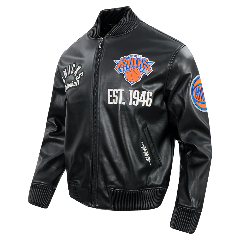 NBA NEW YORK KNICKS MODERN ORIGINALS MEN'S LEATHER VARSITY JACKET (JET BLACK) - Image 3