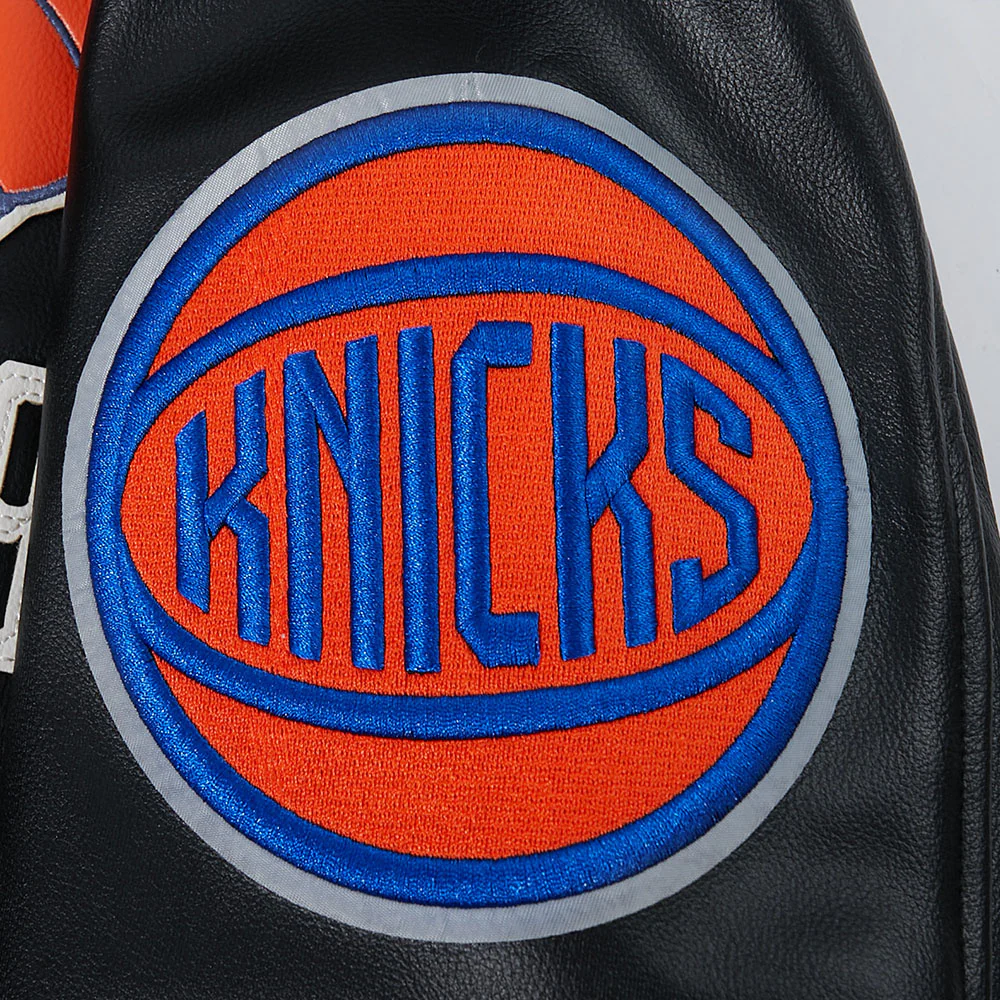 NBA NEW YORK KNICKS MODERN ORIGINALS MEN'S LEATHER VARSITY JACKET (JET BLACK) - Image 5