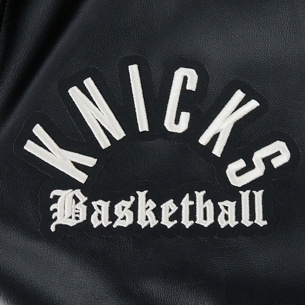 NBA NEW YORK KNICKS MODERN ORIGINALS MEN'S LEATHER VARSITY JACKET (JET BLACK) - Image 6