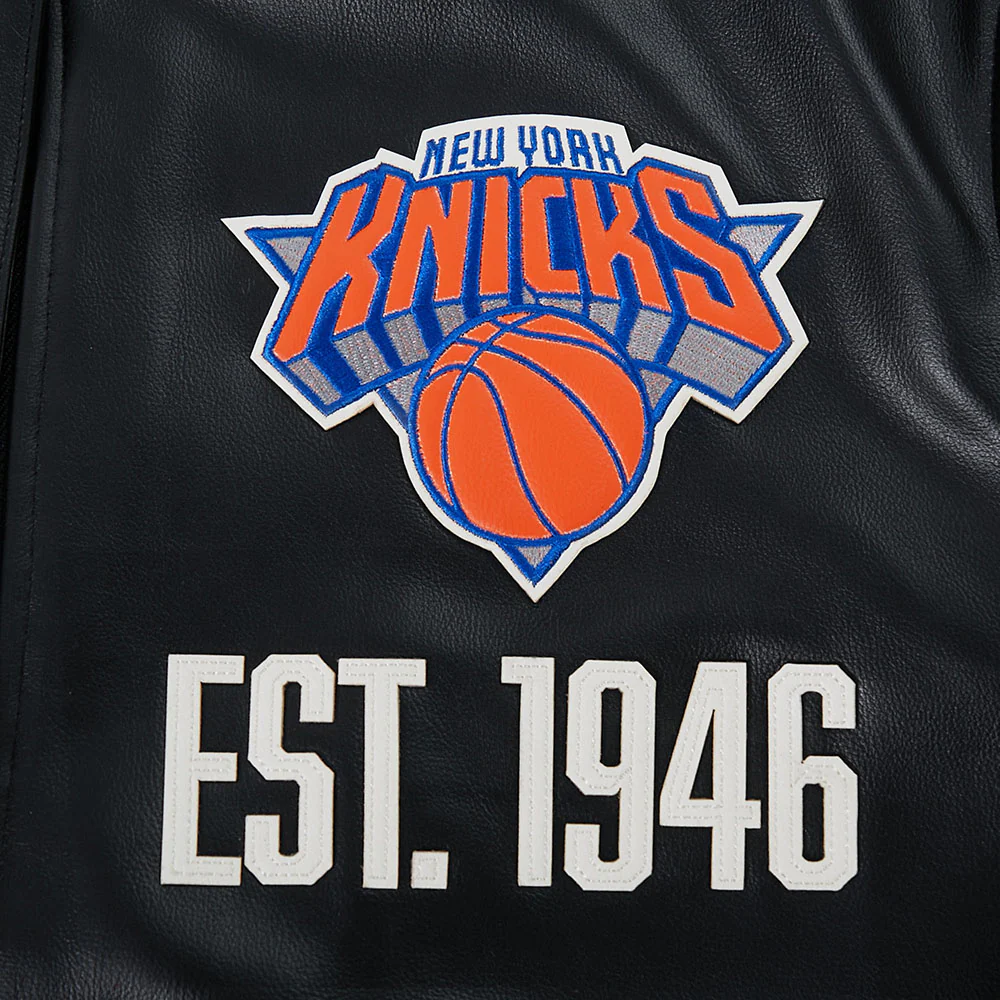 NBA NEW YORK KNICKS MODERN ORIGINALS MEN'S LEATHER VARSITY JACKET (JET BLACK) - Image 7