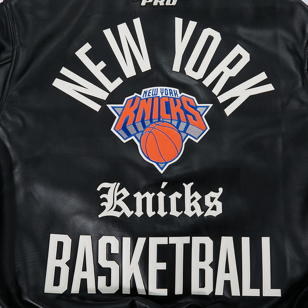 NBA NEW YORK KNICKS MODERN ORIGINALS MEN'S LEATHER VARSITY JACKET (JET BLACK) - Image 8