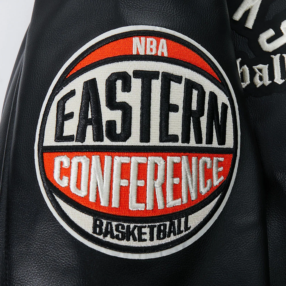 NBA NEW YORK KNICKS MODERN ORIGINALS MEN'S LEATHER VARSITY JACKET (JET BLACK) - Image 9