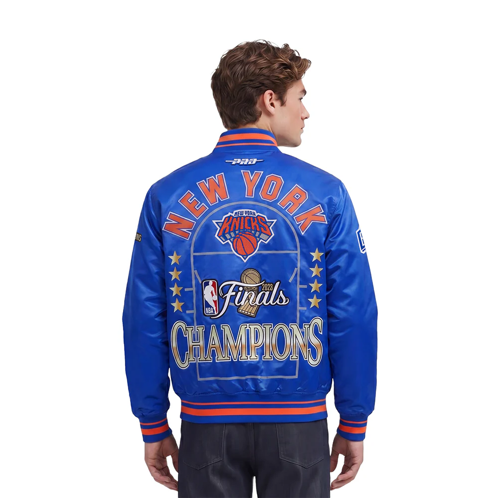NEW YORK KNICKS 2026 NBA CHAMPIONSHIP MEN'S SATIN JACKET (ROYAL/ORANGE/ROYAL)
