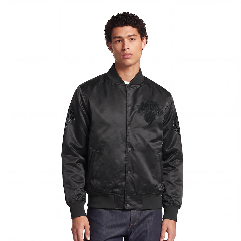 NBA NEW YORK KNICKS TRIPLE BLACK LOGO MEN'S SATIN JACKET (BLACK)
