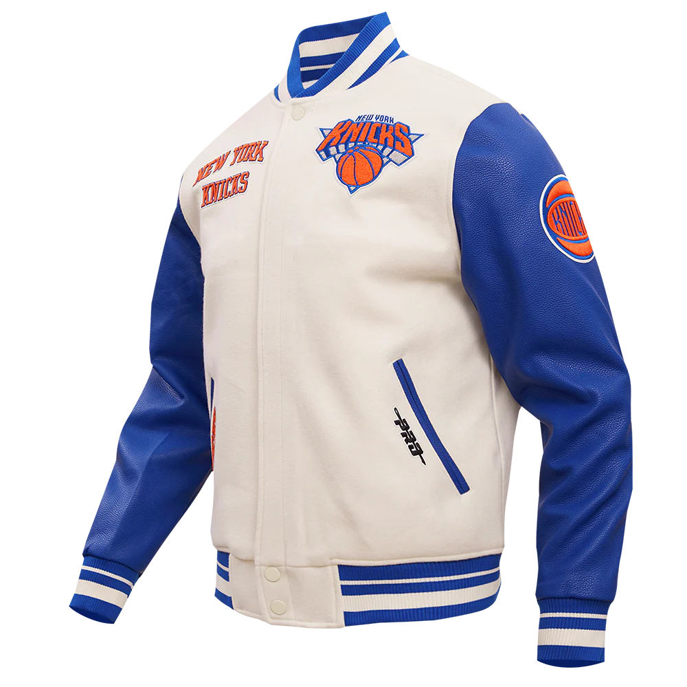 NBA NEW YORK KNICKS RETRO CLASSIC MEN'S RIB WOOL VARSITY JACKET (EGGSHELL/ ROYAL BLUE) - Image 2