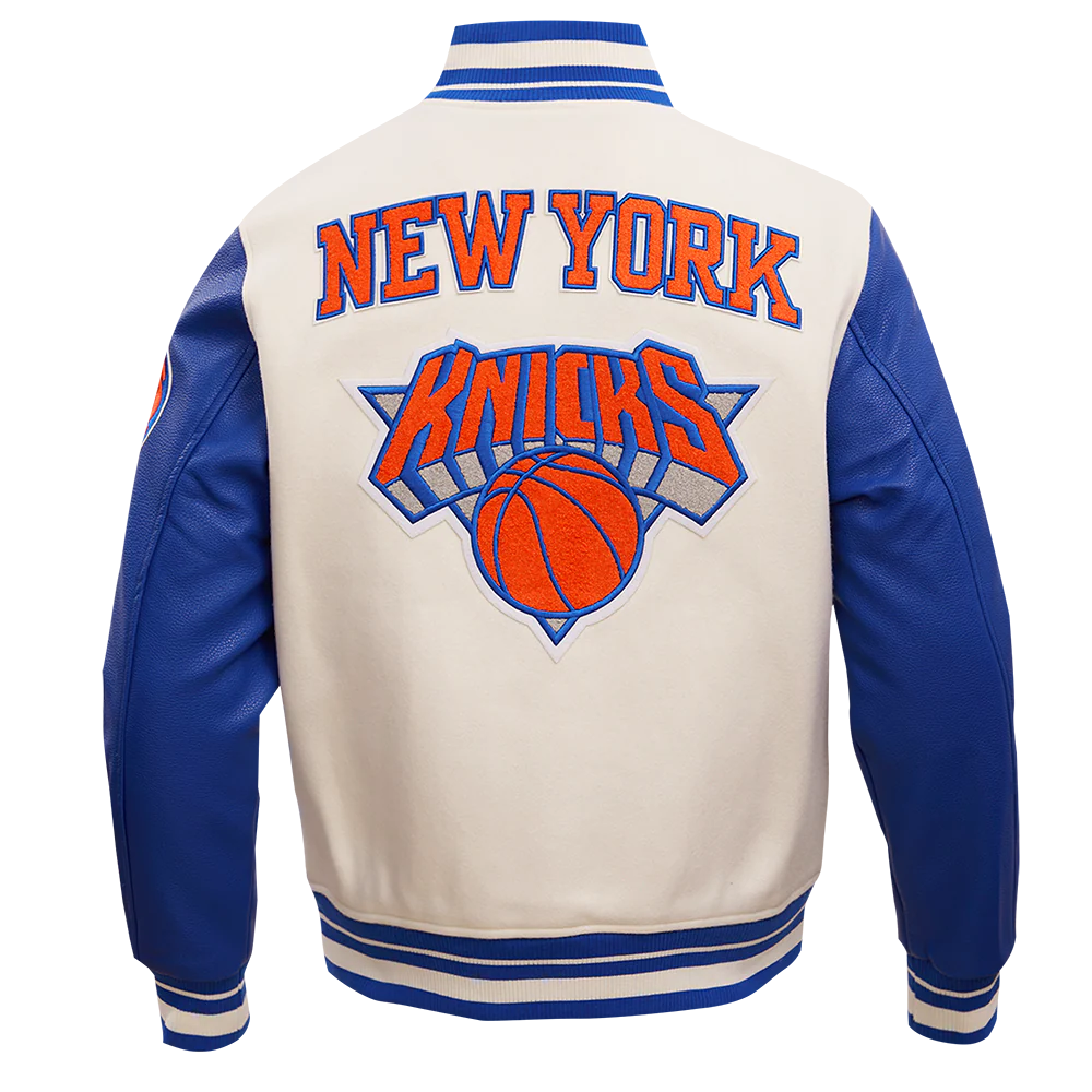 NBA NEW YORK KNICKS RETRO CLASSIC MEN'S RIB WOOL VARSITY JACKET (EGGSHELL/ ROYAL BLUE) - Image 3