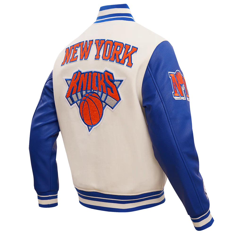 NBA NEW YORK KNICKS RETRO CLASSIC MEN'S RIB WOOL VARSITY JACKET (EGGSHELL/ ROYAL BLUE) - Image 4