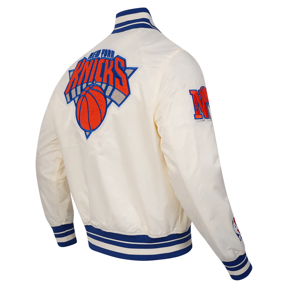 NBA NEW YORK KNICKS RETRO CLASSIC MEN'S RIB SATIN JACKET (EGGSHELL/ ROYAL BLUE) - Image 12