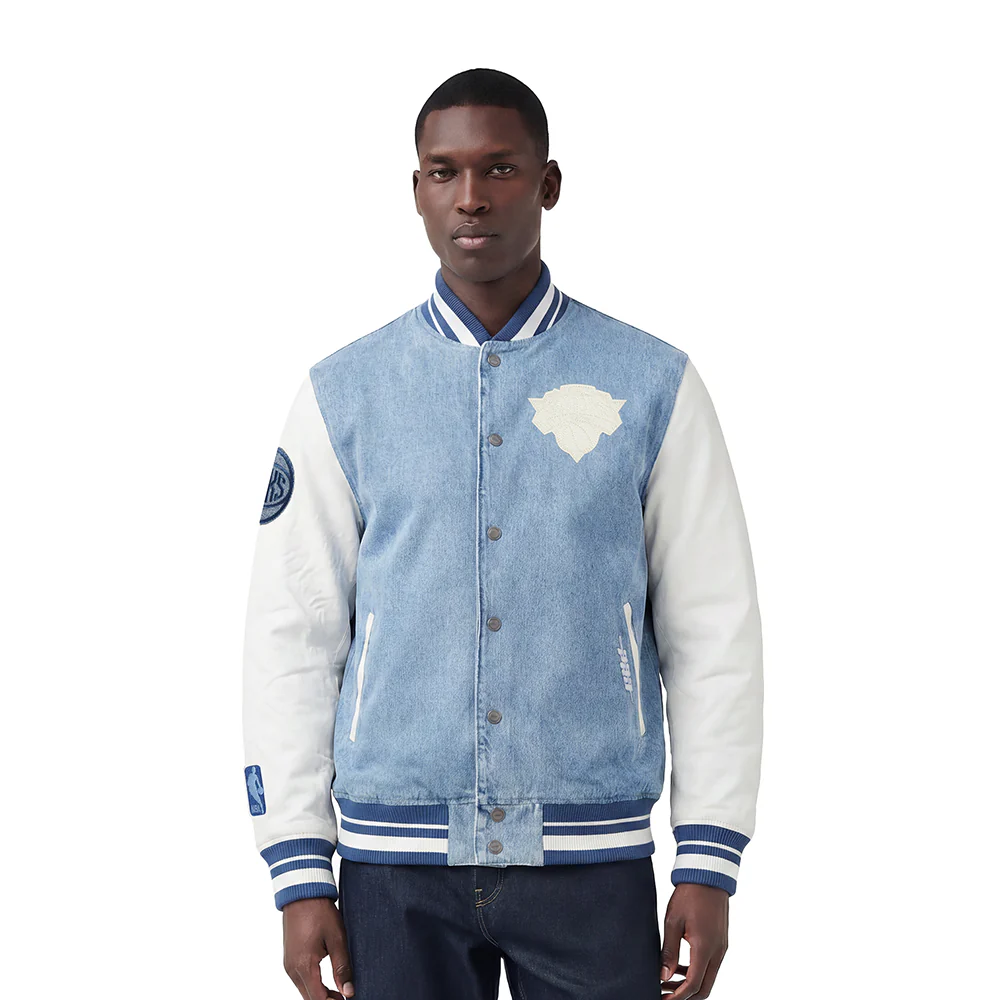 NBA NEW YORK KNICKS VARSITY BLUES DENIM VARSITY MEN'S JACKET (DENIM/LINEN)