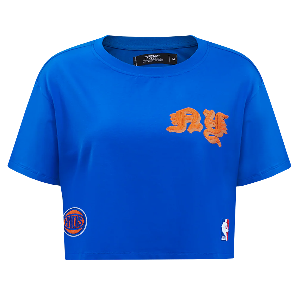 NBA NEW YORK KNICKS OLD ENGLISH WOMEN'S SJ BOXY TEE (ROYAL BLUE)