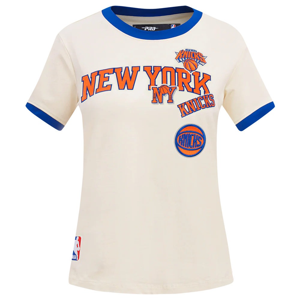 NBA NEW YORK KNICKS RETRO CASCADE WOMEN'S RINGER TEE (EGGSHELL/ROYAL BLUE)