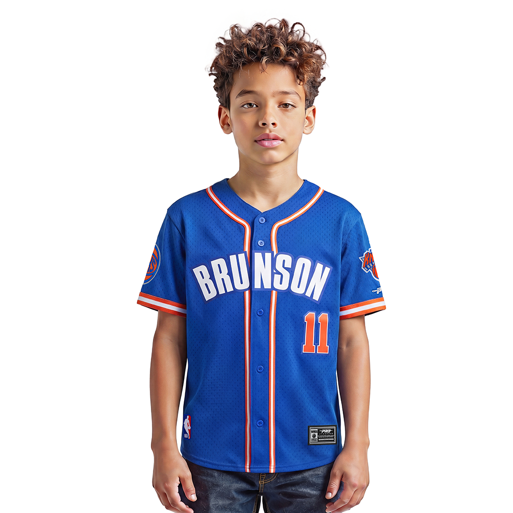NBA NEW YORK KNICKS JALEN BRUNSON #11 CLASSIC PNN BIG BOY'S MESH BUTTON DOWN SHIRT (ROYAL BLUE/ORANGE)
