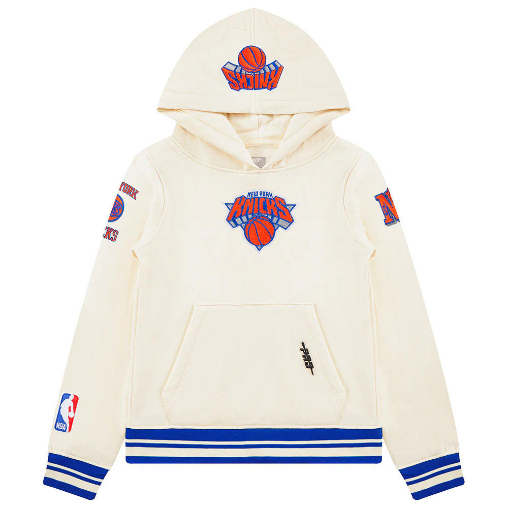 NBA NEW YORK KNICKS RETRO CLASSIC BIG BOYS RIB FLEECE PULLOVER HOODIE (EGGSHELL/ROYAL BLUE)