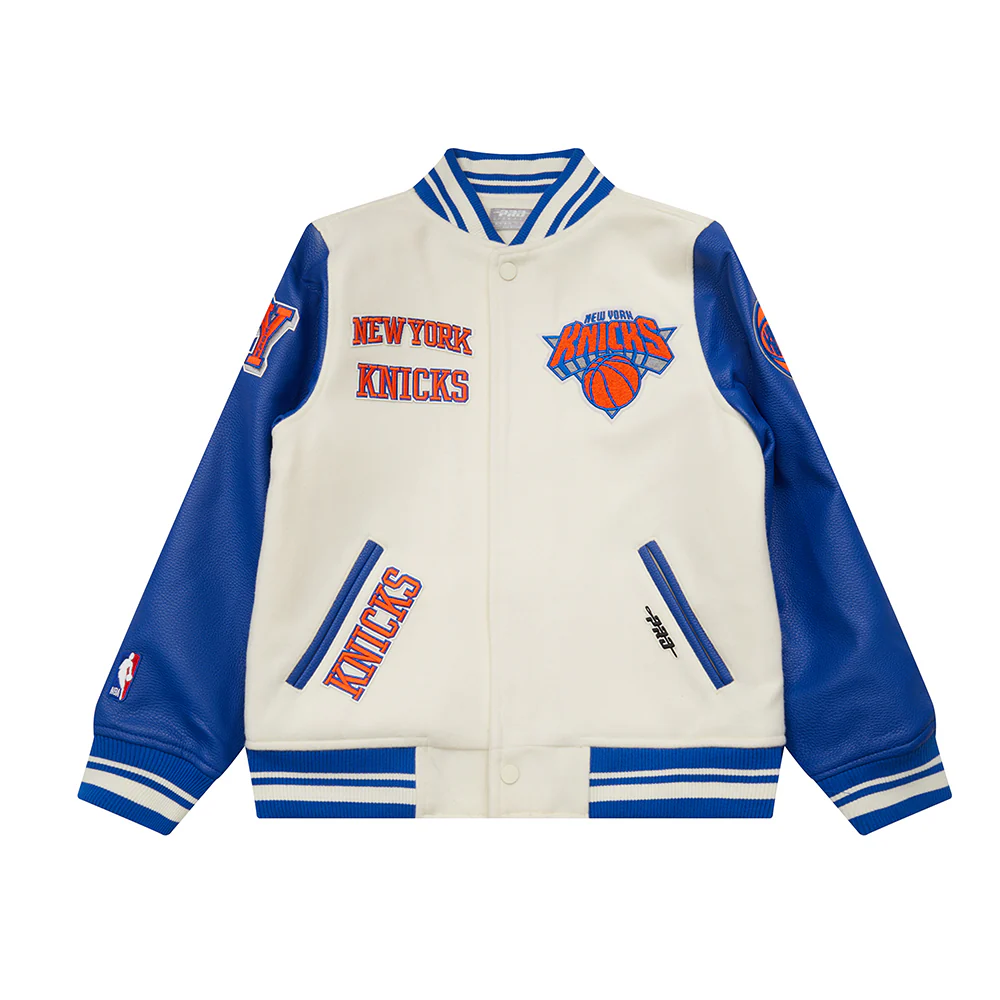 NBA NEW YORK KNICKS RETRO CLASSIC BIG BOYS RIB WOOL VARSITY JACKET (EGGSHELL/ROYAL BLUE)