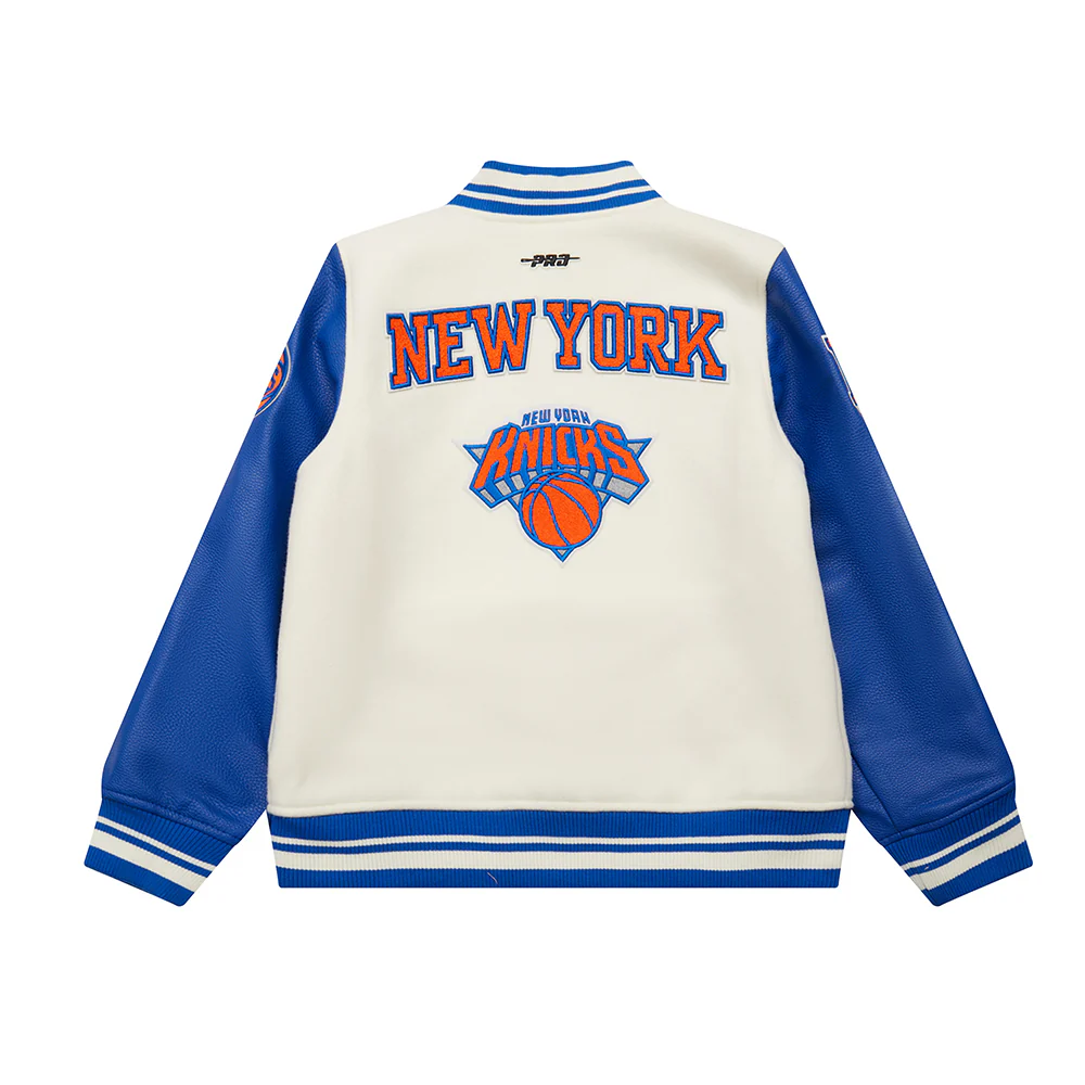 NBA NEW YORK KNICKS RETRO CLASSIC BIG BOYS RIB WOOL VARSITY JACKET (EGGSHELL/ROYAL BLUE) - Image 2