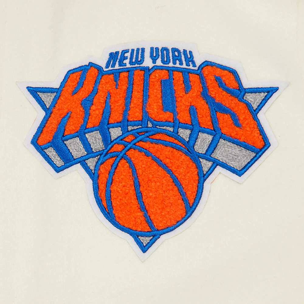 NBA NEW YORK KNICKS RETRO CLASSIC BIG BOYS RIB WOOL VARSITY JACKET (EGGSHELL/ROYAL BLUE) - Image 3