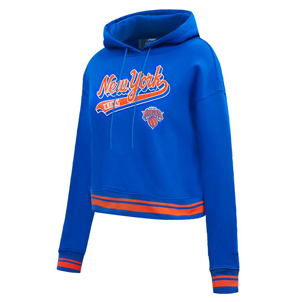 NBA NEW YORK KNICKS SCRIPT TAIL WOMEN'S RIB FLEECE CROPPED PULLOVER HOODIE (ROYAL/ORANGE/ROYAL) - Image 2