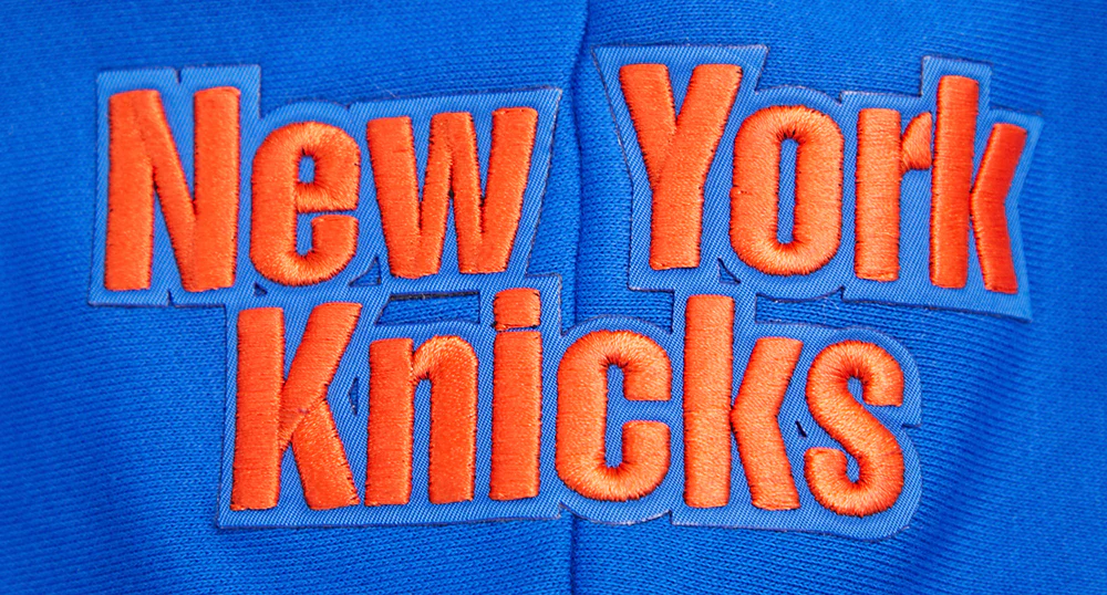 NBA NEW YORK KNICKS SCRIPT TAIL WOMEN'S RIB FLEECE CROPPED PULLOVER HOODIE (ROYAL/ORANGE/ROYAL) - Image 5