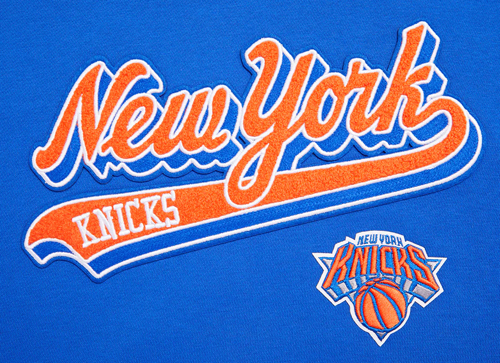 NBA NEW YORK KNICKS SCRIPT TAIL WOMEN'S RIB FLEECE CROPPED PULLOVER HOODIE (ROYAL/ORANGE/ROYAL) - Image 6