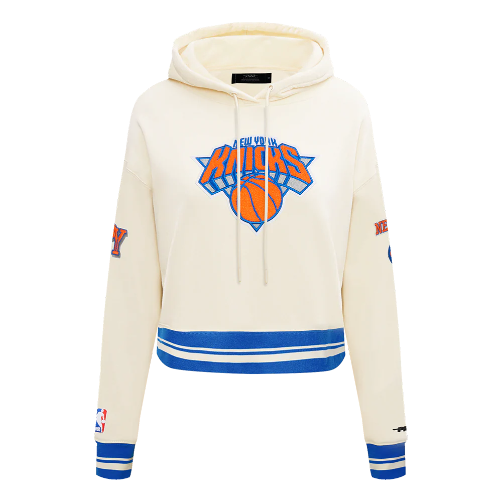 NBA NEW YORK KNICKS RETRO CLASSIC WOMEN'S RIB CROPPED PULLOVER HOODIE (EGGSHELL/ROYAL BLUE)